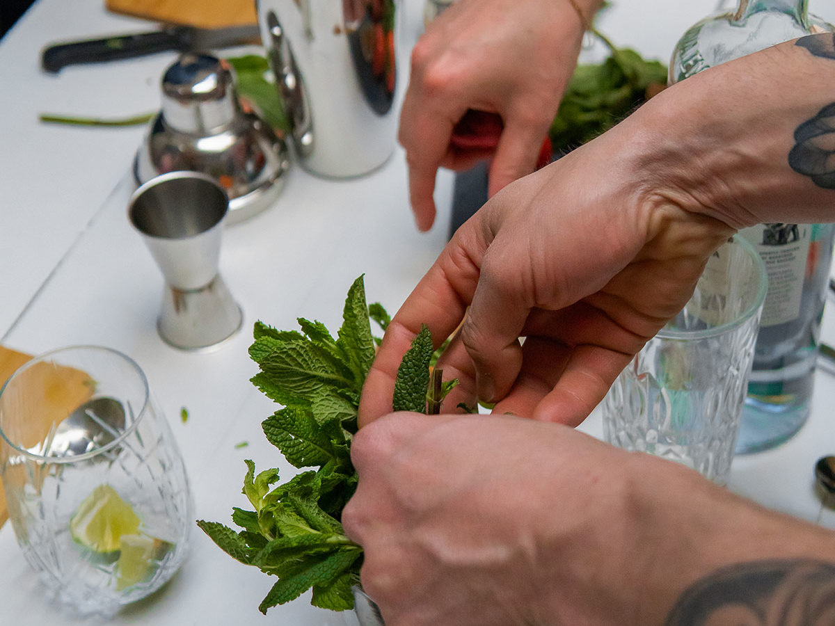 Préparation d'un cocktail à base de citron et de menthe fraîche