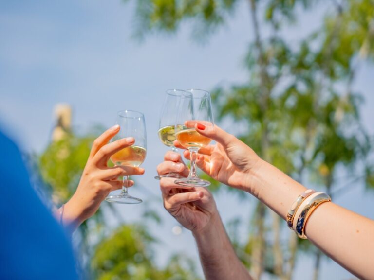 Trois bras levés pour faire santé avec un verre de bin blanc