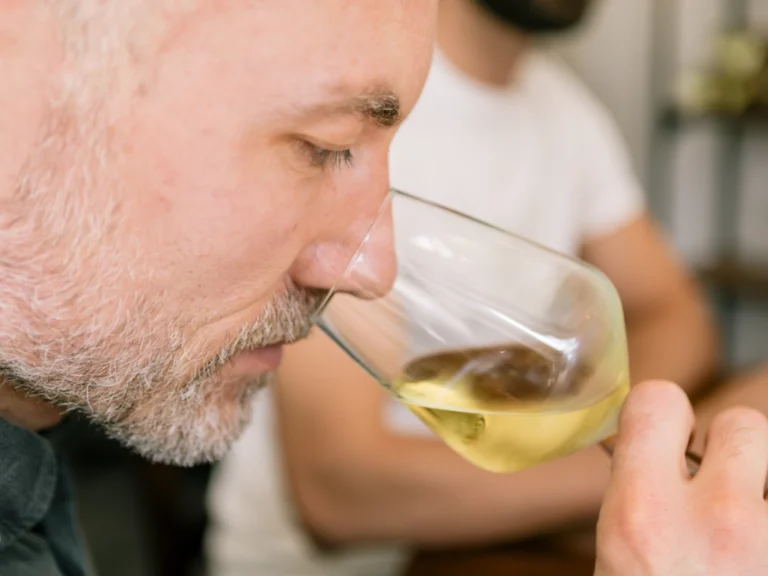 Homme sentant son verre de vin blanc lors d'une initiation à l'œnologie